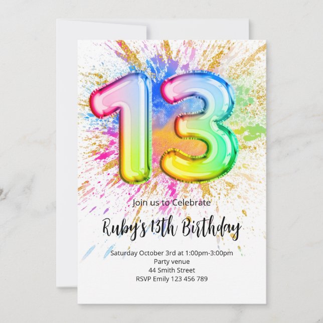 Invitación de cumpleaños número 13 arcoíris (Anverso)
