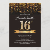 Invitación de cumpleaños número 13 Black and Gold