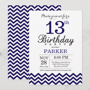 Invitación de cumpleaños número 13 Chevron azul ma