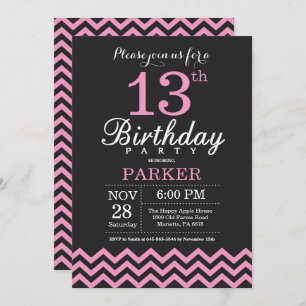 Invitación de cumpleaños número 13 Chevron negro y