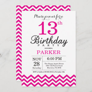 Invitación de cumpleaños número 13 Chevron rosa ca