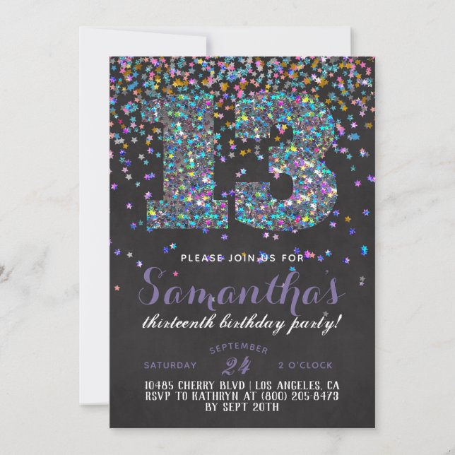 invitación de cumpleaños número 13 con confeti (Anverso)