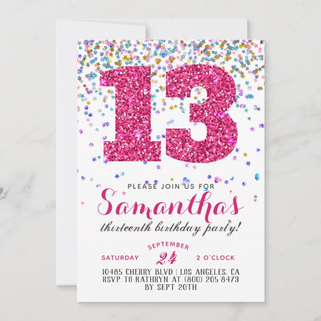 invitación de cumpleaños número 13 con confeti (Anverso)
