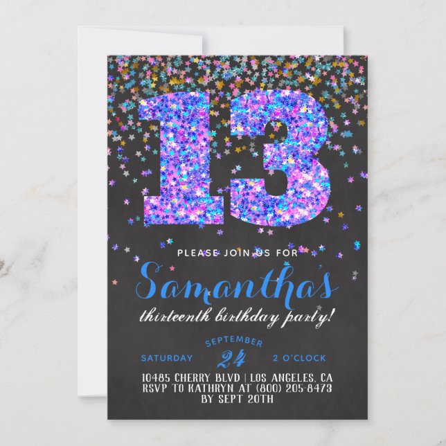 Invitación de cumpleaños número 13 con confeti (Anverso)