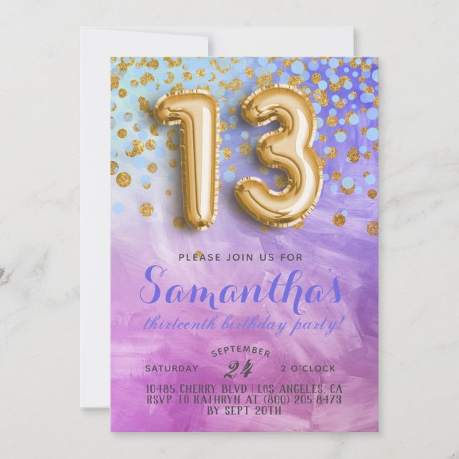 Invitación de cumpleaños número 13 con confeti (Anverso)