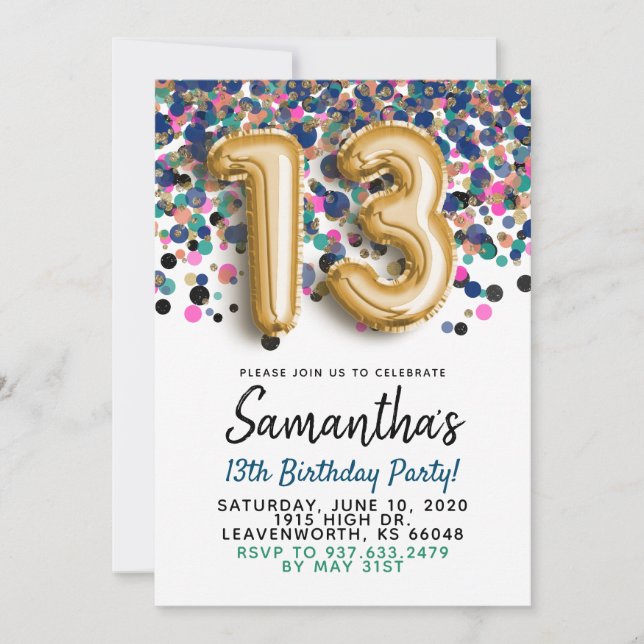 Invitación de cumpleaños número 13 con confeti dor (Anverso)