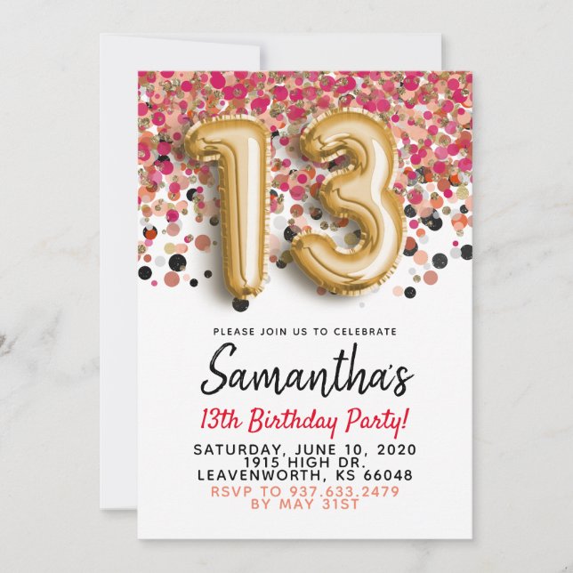 Invitación de cumpleaños número 13 con confeti dor (Anverso)