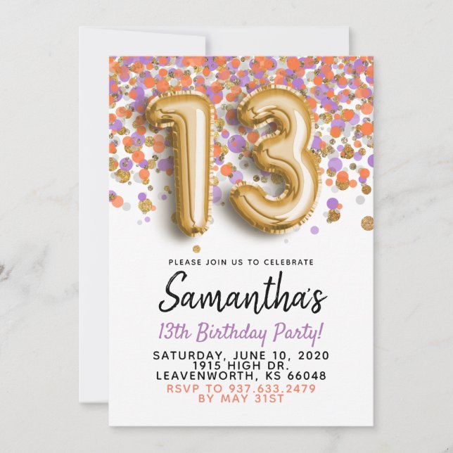 Invitación de cumpleaños número 13 con confeti dor (Anverso)