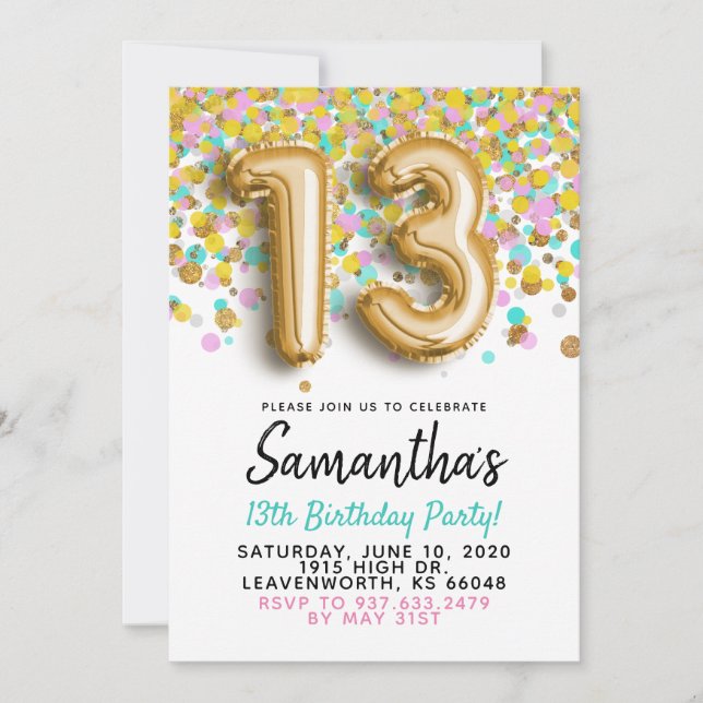 Invitación de cumpleaños número 13 con confeti dor (Anverso)