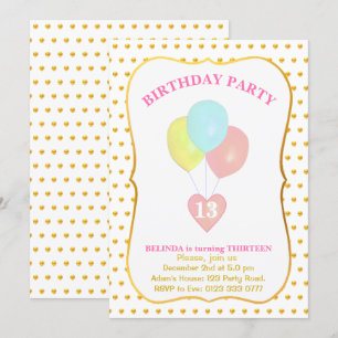 Invitación de cumpleaños número 13 con corazón y g