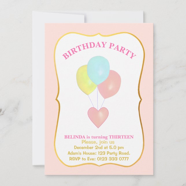 Invitación de cumpleaños número 13 con corazón y g (Anverso)