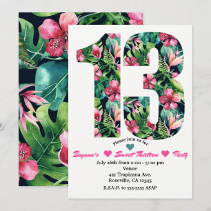 Invitación de cumpleaños número 13 con floral trop