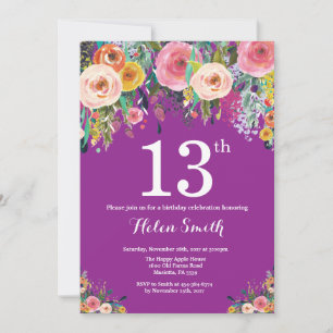 Invitación de cumpleaños número 13 con flores mora