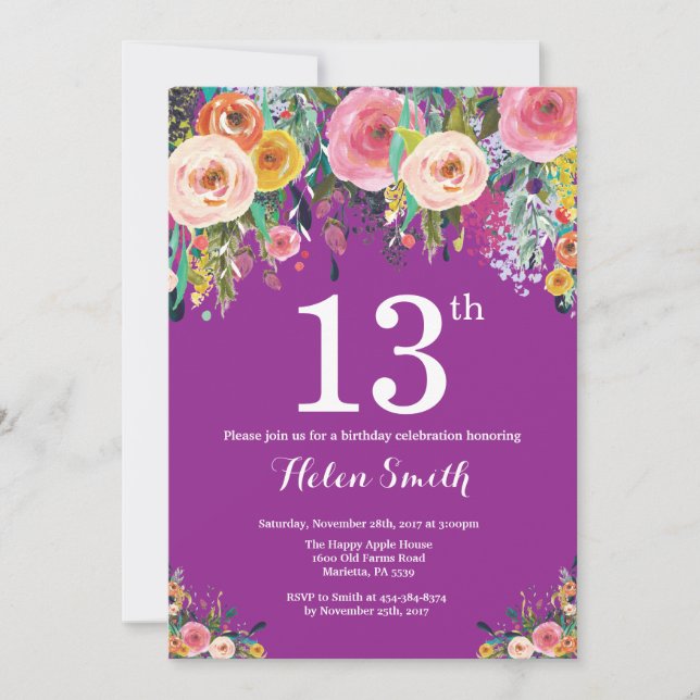 Invitación de cumpleaños número 13 con flores mora (Anverso)