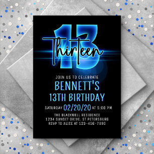 Invitación de cumpleaños número 13 con neón azul