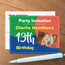 Invitación de cumpleaños número 13 con postal de f