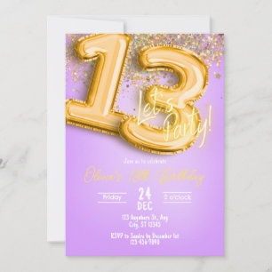 Invitación de cumpleaños número 13 con purpurina p