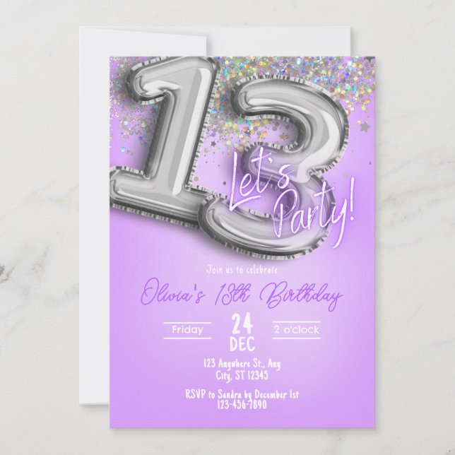 Invitación de cumpleaños número 13 con purpurina p (Anverso)