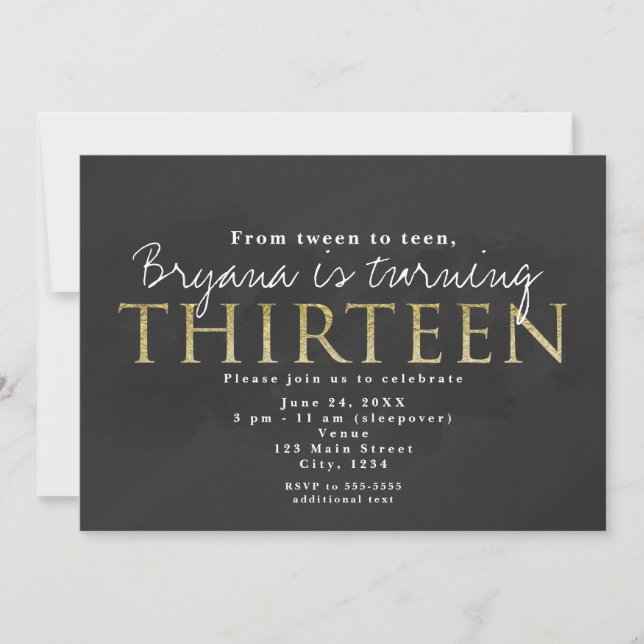 Invitación de cumpleaños número 13 Dark Grey & Gol (Anverso)