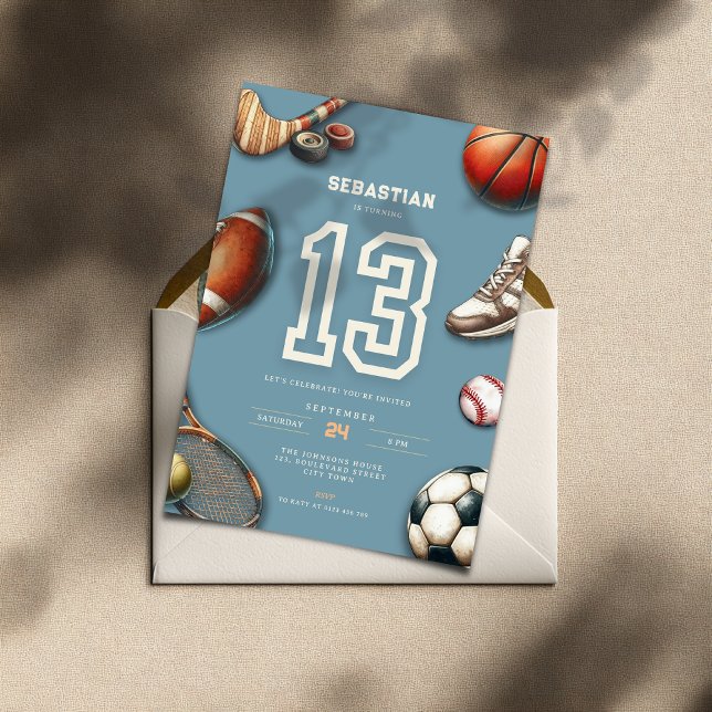 Invitación de cumpleaños número 13 de All Star Spo (All Star Sports 13th birthday invitation for teenager boys)