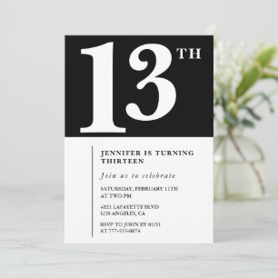 Invitación de cumpleaños número 13 de Black White 
