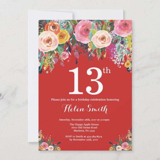 Invitación de cumpleaños número 13 de Red Floral (Anverso)