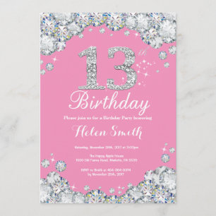 Invitación de cumpleaños número 13 Diamante rosa y