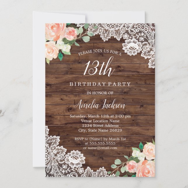 Invitación de cumpleaños número 13 Floral Rústico  (Anverso)