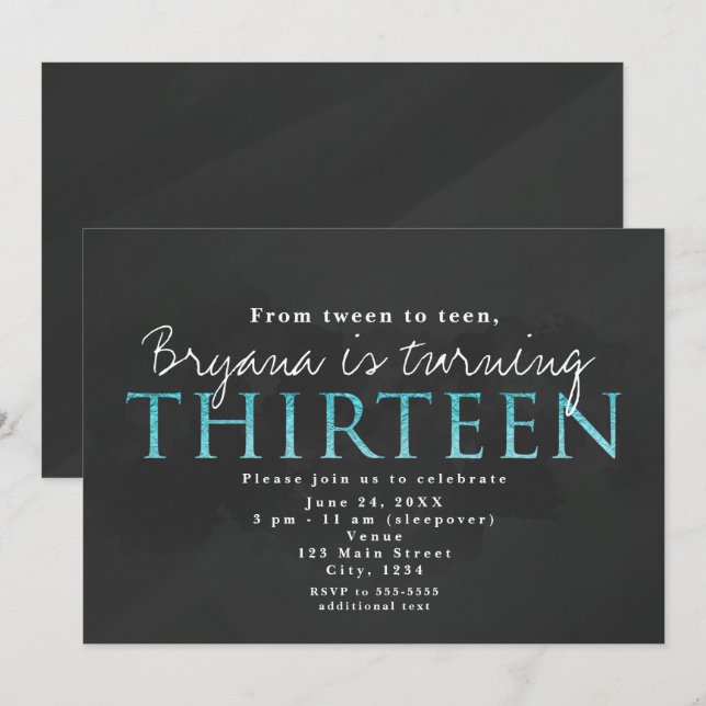 Invitación de cumpleaños número 13 gris y azul acu (Anverso / Reverso)