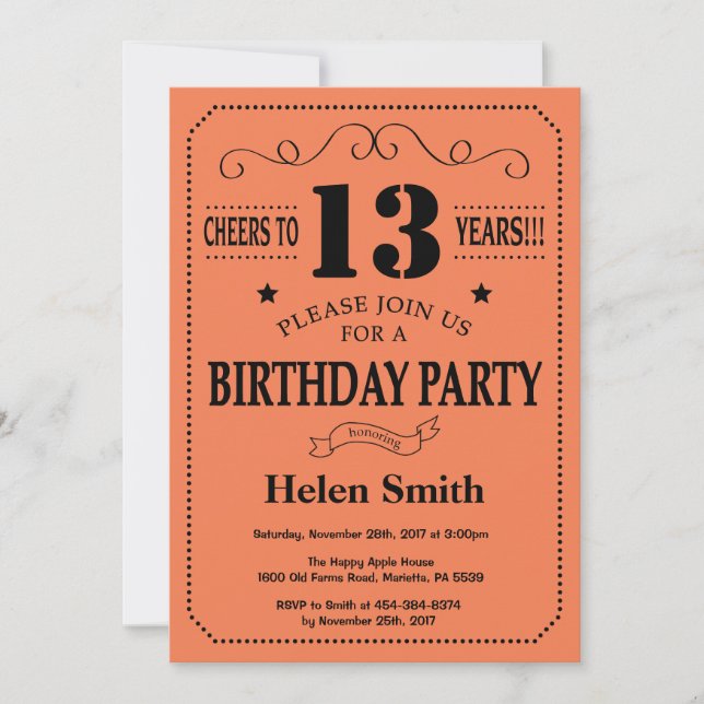 Invitación de cumpleaños número 13 negra y coral (Anverso)