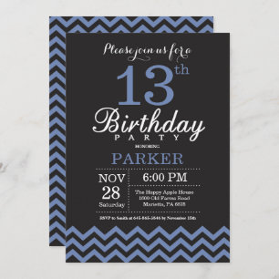 Invitación de cumpleaños número 13: negro y azul