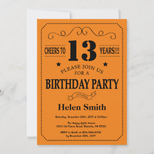 Invitación de cumpleaños número 13: negro y Naranj