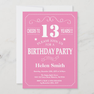Invitación de cumpleaños número 13 rosa y blanco