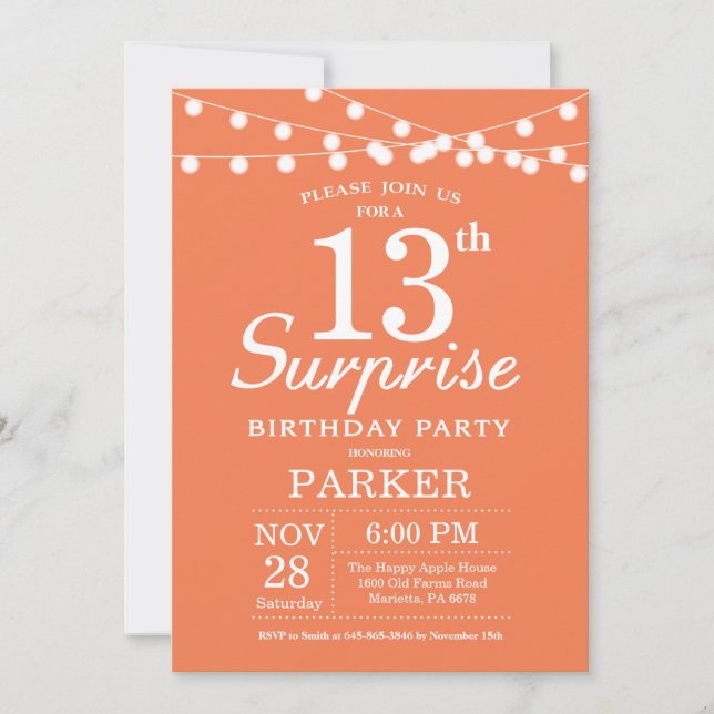 Invitación de cumpleaños número 13 sorpresa Coral (Anverso)