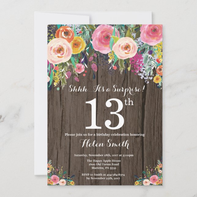 Invitación de cumpleaños número 13 sorpresa floral (Anverso)
