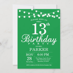 Invitación de cumpleaños número 13 verde