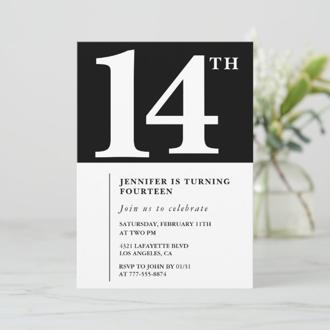 Invitación de cumpleaños número 14 Chic niña negro (Anverso de pie)