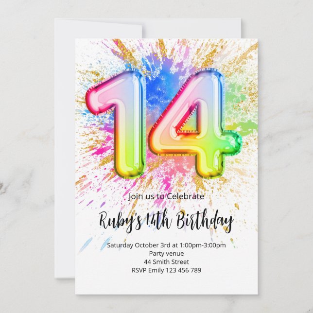 Invitación de cumpleaños número 14 con arcoíris (Anverso)