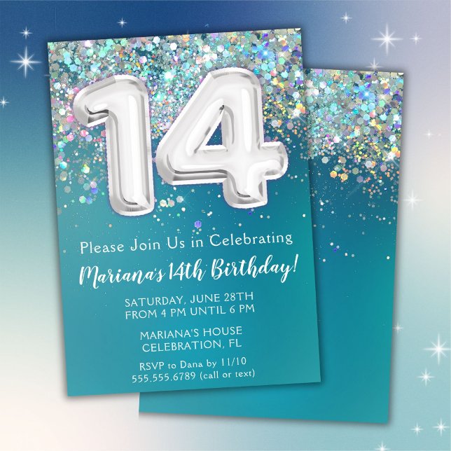 Invitación de cumpleaños número 14 con brillo teal (Subido por el creador)