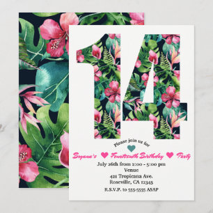 Invitación de cumpleaños número 14 con flores trop