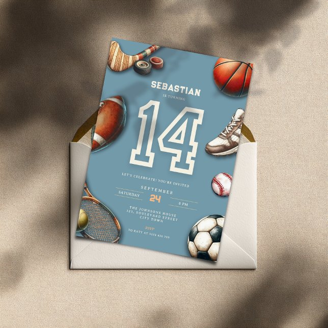 Invitación de cumpleaños número 14 de All Star Spo (All Star Sports 14th birthday invitation for boys)