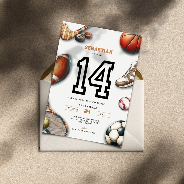 Invitación de cumpleaños número 14 de All Star Spo (All Star Sports 14th birthday invitation for teenager boys)
