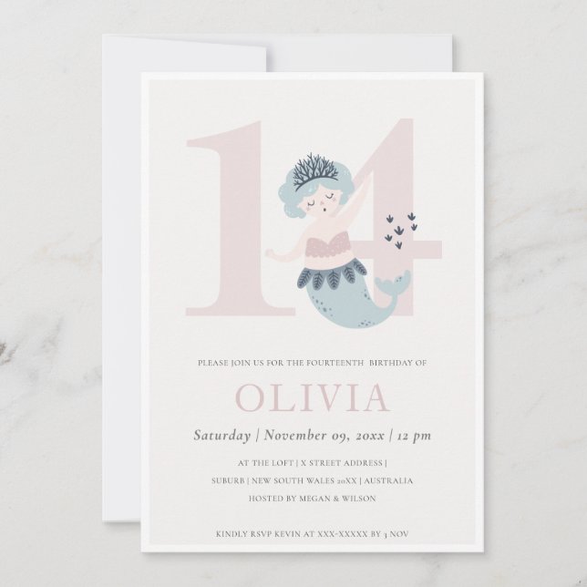 Invitación de cumpleaños número 14 de sirena azul  (Anverso)