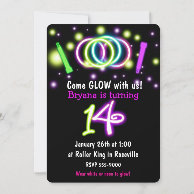 Invitación de cumpleaños número 14 Luces GLOW edad (Anverso)