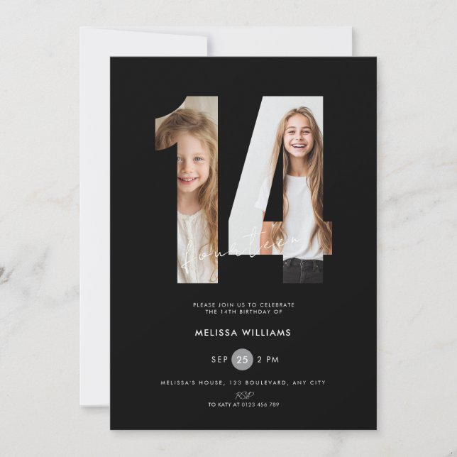 Invitación de cumpleaños número 14 personalizada e (Anverso)