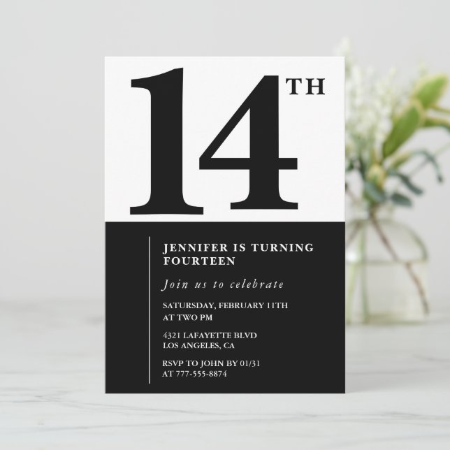 Invitación de cumpleaños número 14 simple chica ne (Anverso de pie)