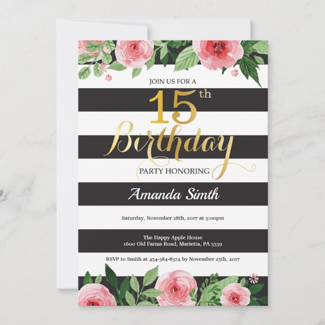 Invitación de cumpleaños número 15 adolescente. Fl (Anverso)