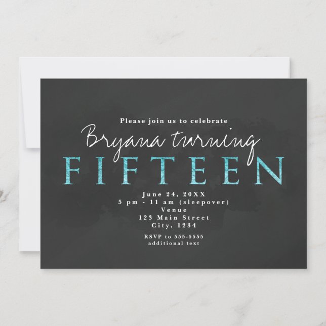 Invitación de cumpleaños número 15 Aqua Blue & Gre (Anverso)