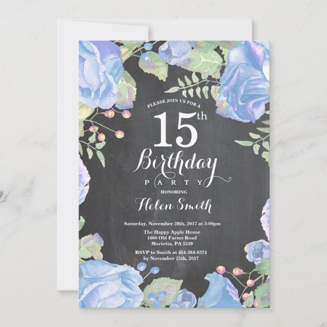 Invitación de cumpleaños número 15 azul floral bot (Anverso)