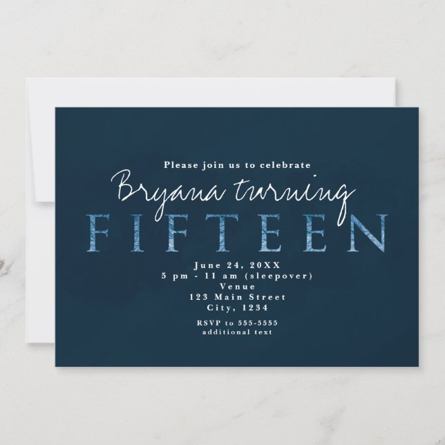 Invitación de cumpleaños número 15 azul quince 15 (Anverso)